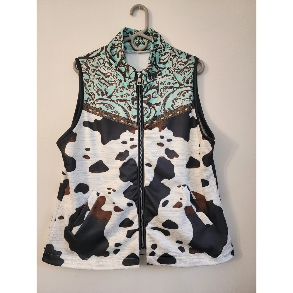 Western Cow Print Zip Up Vest Turquoise Paisley Yoke Women's XXL Rodeo Concert